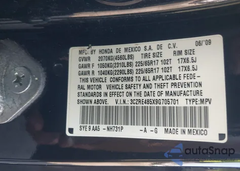 2009 Honda Cr-V Ex z USA, uszkodzony, nr VIN 3CZRE485X9G705701